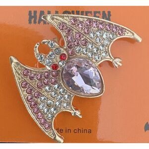 Halloween Bat Brooch Pin Pink Rhinestone Crystal Gold Tone Spooky Jewelry